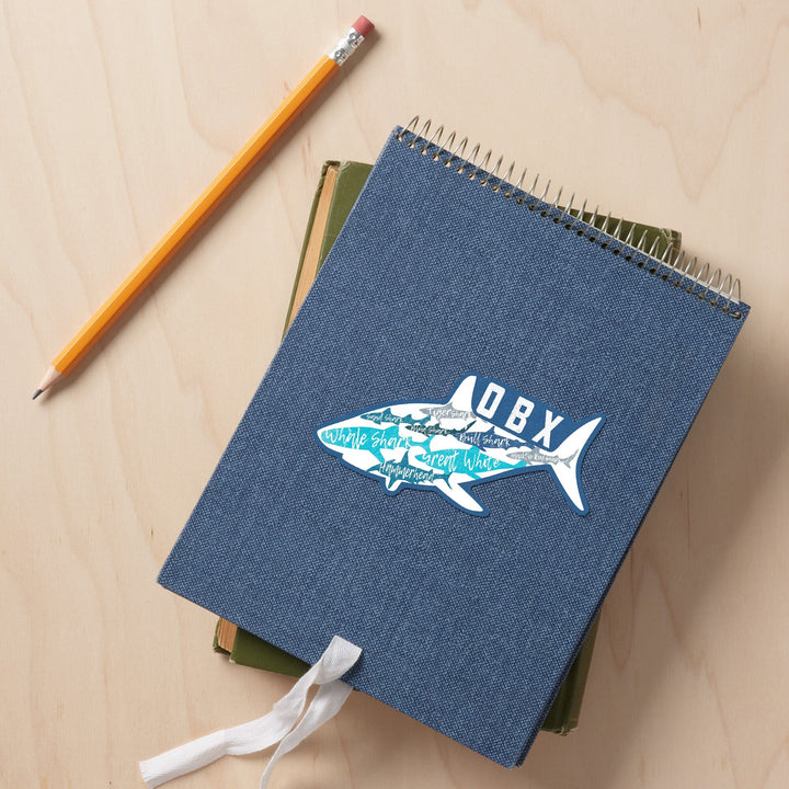 Outer Banks, North Carolina, Shark Name Pattern, Contour, Vinyl Sticker Sticker Lantern Press 