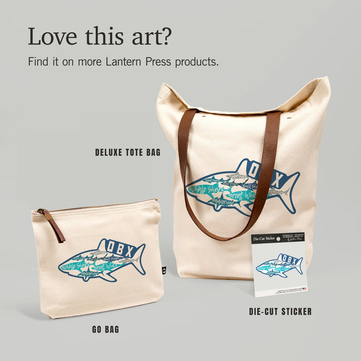 Outer Banks, North Carolina, Shark Name Pattern, Contour, Vinyl Sticker Sticker Lantern Press 