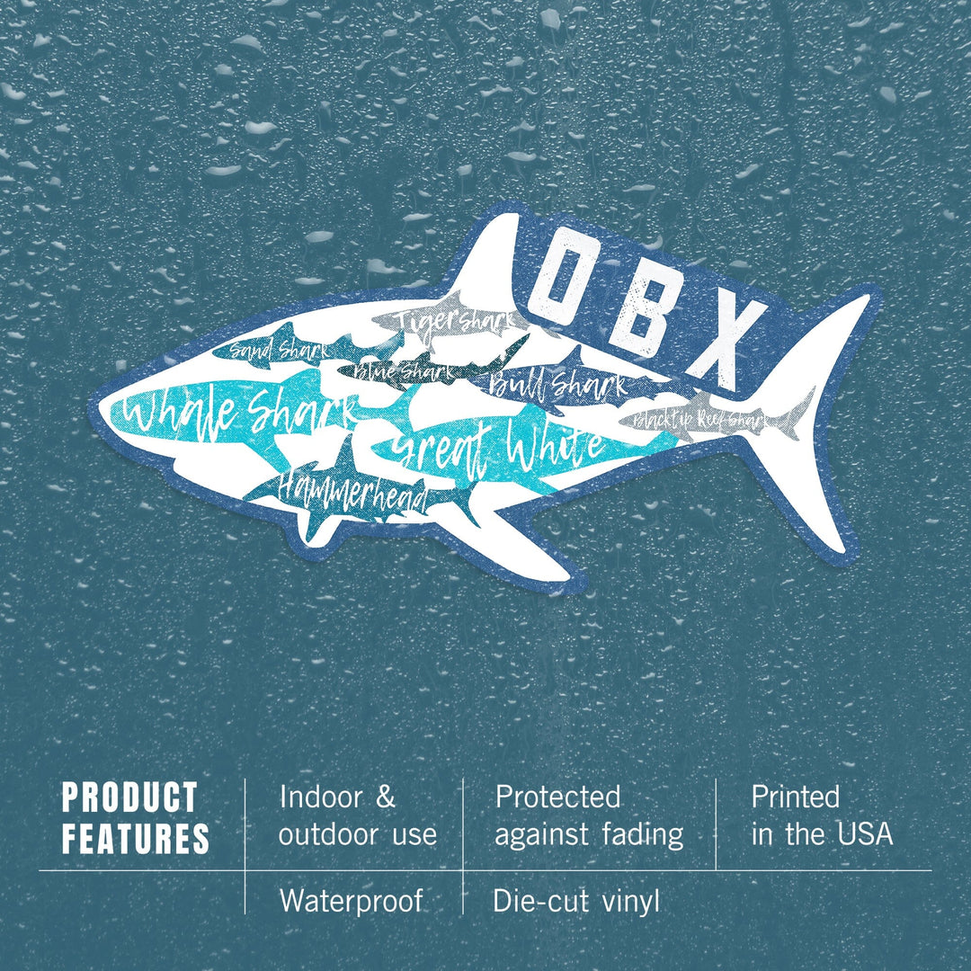 Outer Banks, North Carolina, Shark Name Pattern, Contour, Vinyl Sticker Sticker Lantern Press 