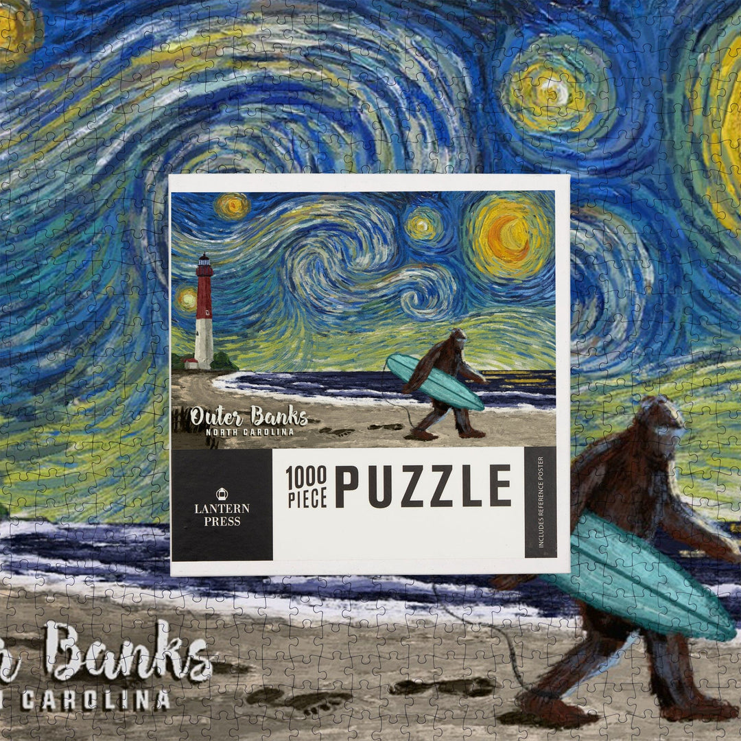 Outer Banks, North Carolina, Starry Night, Bigfoot on the Beach, Jigsaw Puzzle Puzzle Lantern Press 