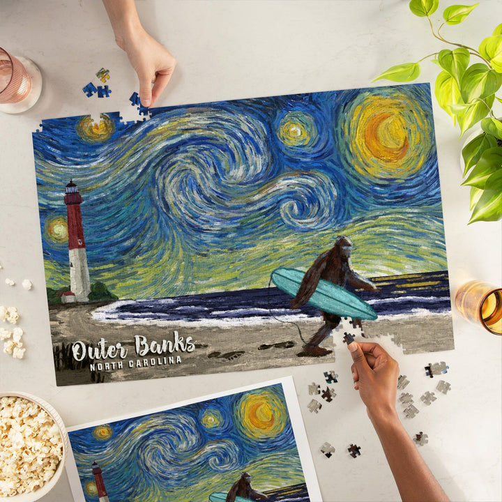 Outer Banks, North Carolina, Starry Night, Bigfoot on the Beach, Jigsaw Puzzle Puzzle Lantern Press 