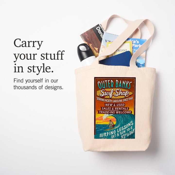 Outer Banks, North Carolina, Surf Shop Vintage Sign, Tote Bag Totes Lantern Press 