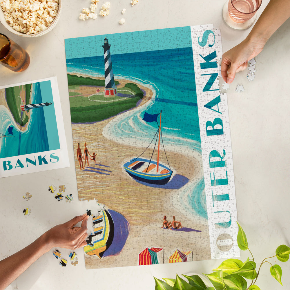 Outer Banks, North Carolina, Vintage Beach Scene, Jigsaw Puzzle Puzzle Lantern Press 