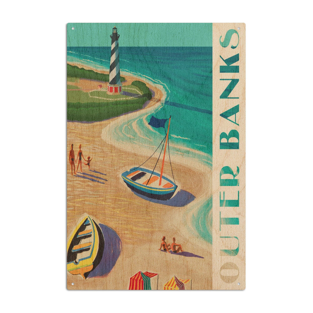 Outer Banks, North Carolina, Vintage Beach Scene, Lantern Press Artwork, Wood Signs and Postcards Wood Lantern Press 10 x 15 Wood Sign 