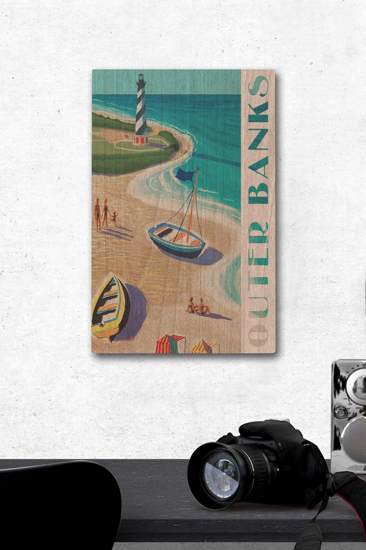 Outer Banks, North Carolina, Vintage Beach Scene, Lantern Press Artwork, Wood Signs and Postcards Wood Lantern Press 12 x 18 Wood Gallery Print 