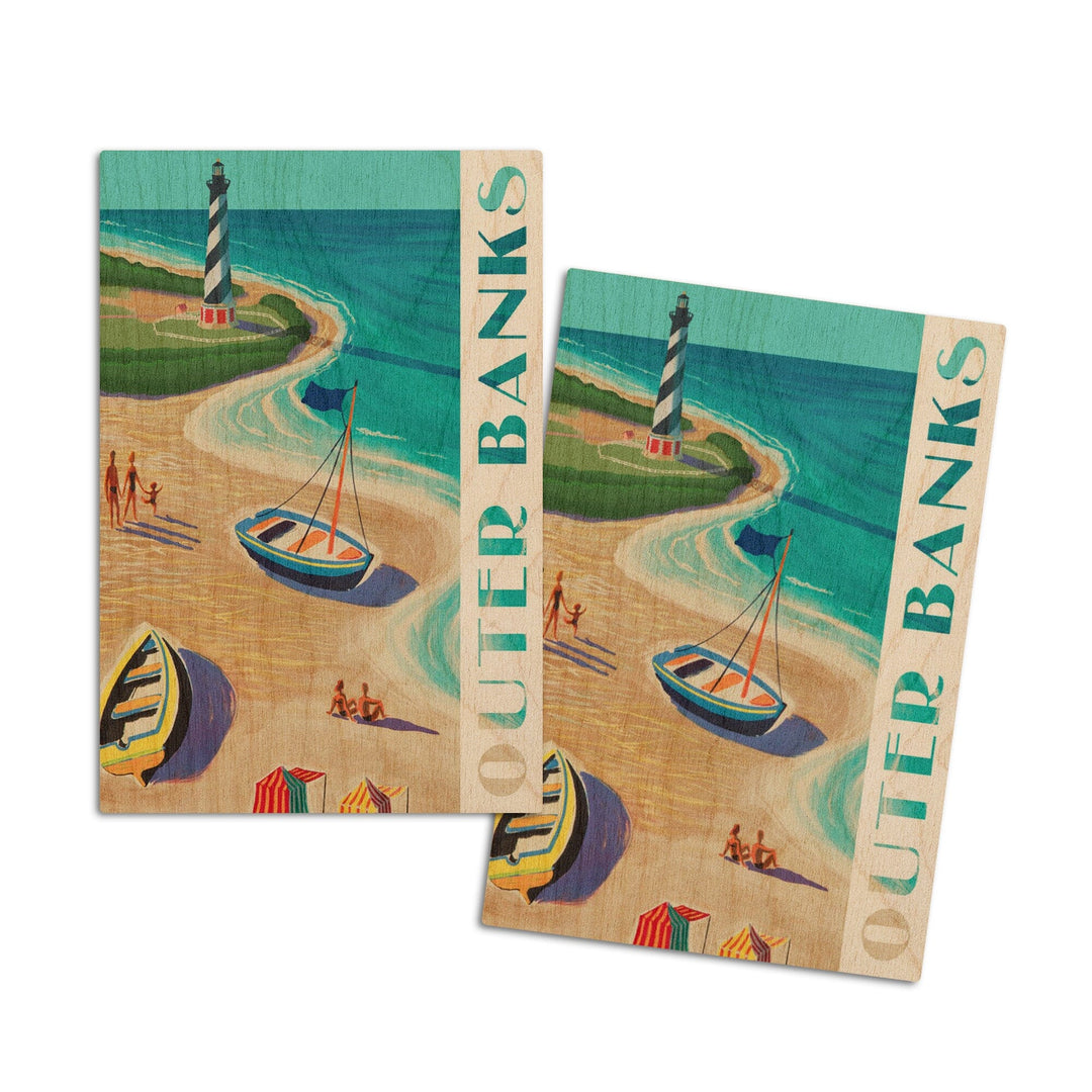 Outer Banks, North Carolina, Vintage Beach Scene, Lantern Press Artwork, Wood Signs and Postcards Wood Lantern Press 4x6 Wood Postcard Set 
