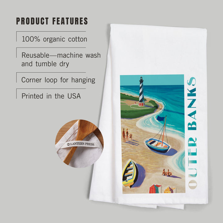 Outer Banks, North Carolina, Vintage Beach Scene, Organic Cotton Kitchen Tea Towels Kitchen Lantern Press 