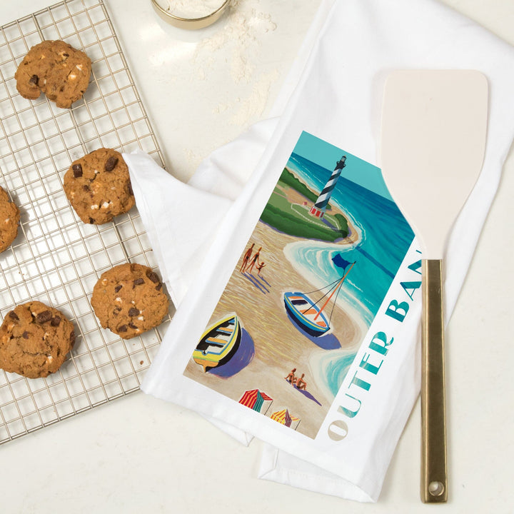 Outer Banks, North Carolina, Vintage Beach Scene, Organic Cotton Kitchen Tea Towels Kitchen Lantern Press 