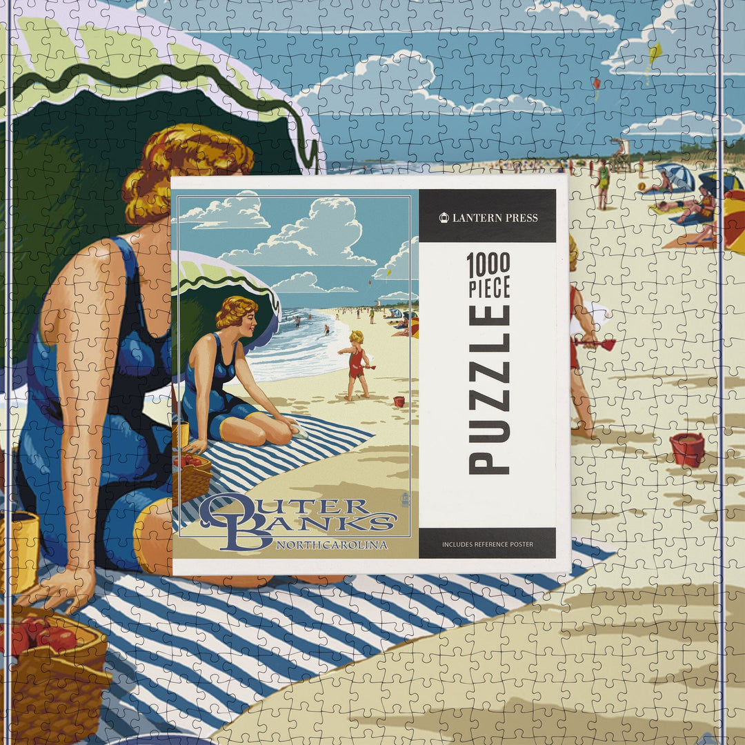 Outer Banks, North Carolina, Woman on Beach, Jigsaw Puzzle Puzzle Lantern Press 