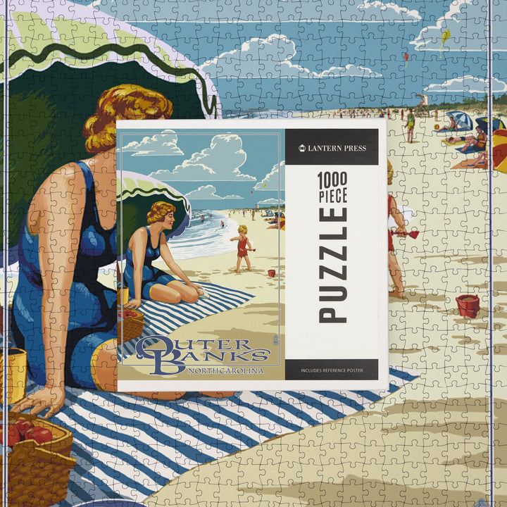 Outer Banks, North Carolina, Woman on Beach, Jigsaw Puzzle Puzzle Lantern Press 