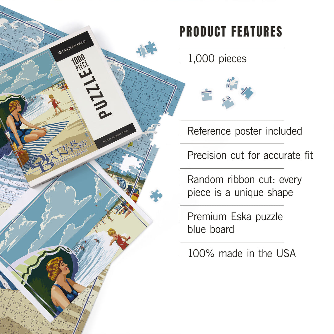 Outer Banks, North Carolina, Woman on Beach, Jigsaw Puzzle Puzzle Lantern Press 
