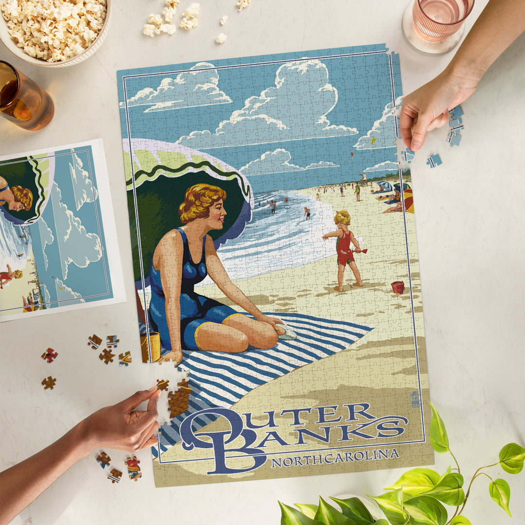 Outer Banks, North Carolina, Woman on Beach, Jigsaw Puzzle Puzzle Lantern Press 