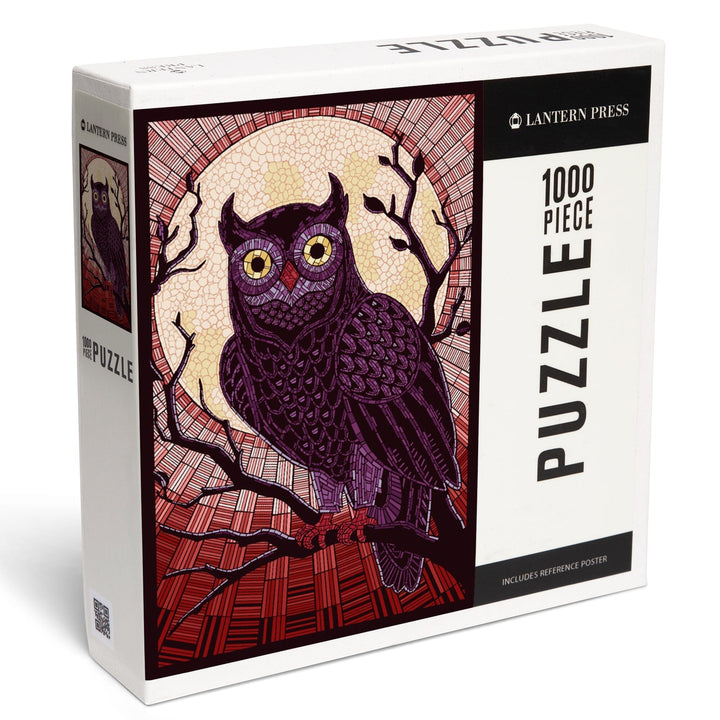 Owl, Paper Mosaic (Red), Jigsaw Puzzle Puzzle Lantern Press 
