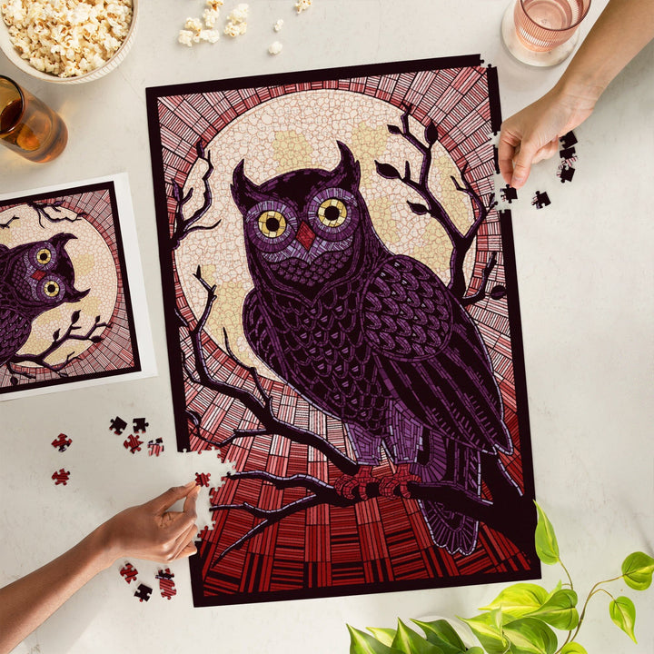 Owl, Paper Mosaic (Red), Jigsaw Puzzle Puzzle Lantern Press 