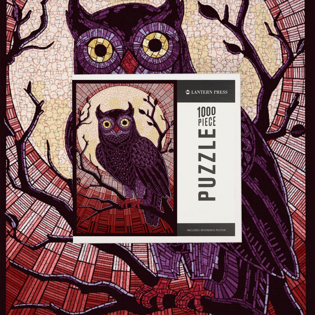 Owl, Paper Mosaic (Red), Jigsaw Puzzle Puzzle Lantern Press 