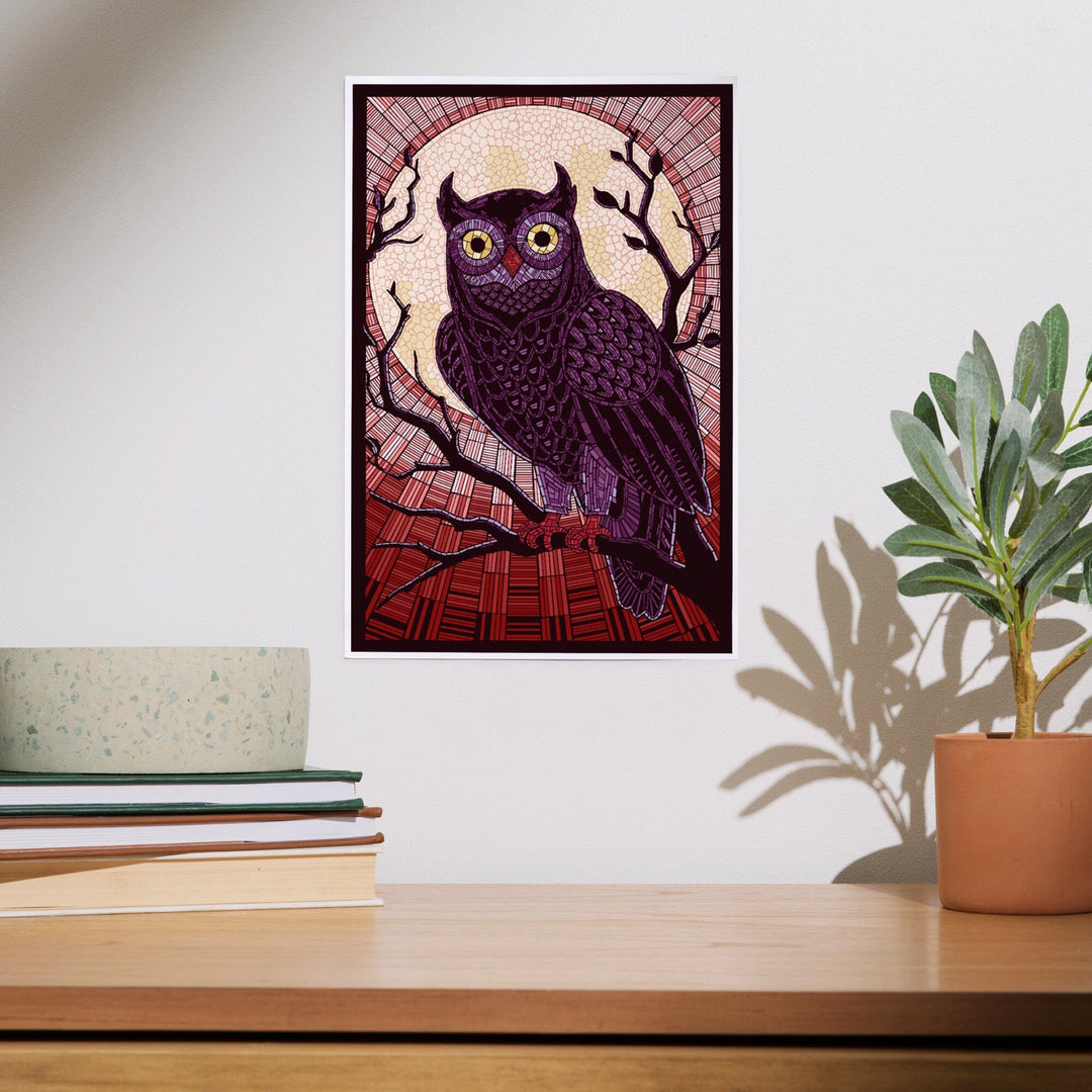Owl, Paper Mosaic (Red), Lantern Press Poster, Art Prints and Metal Signs Art Lantern Press 