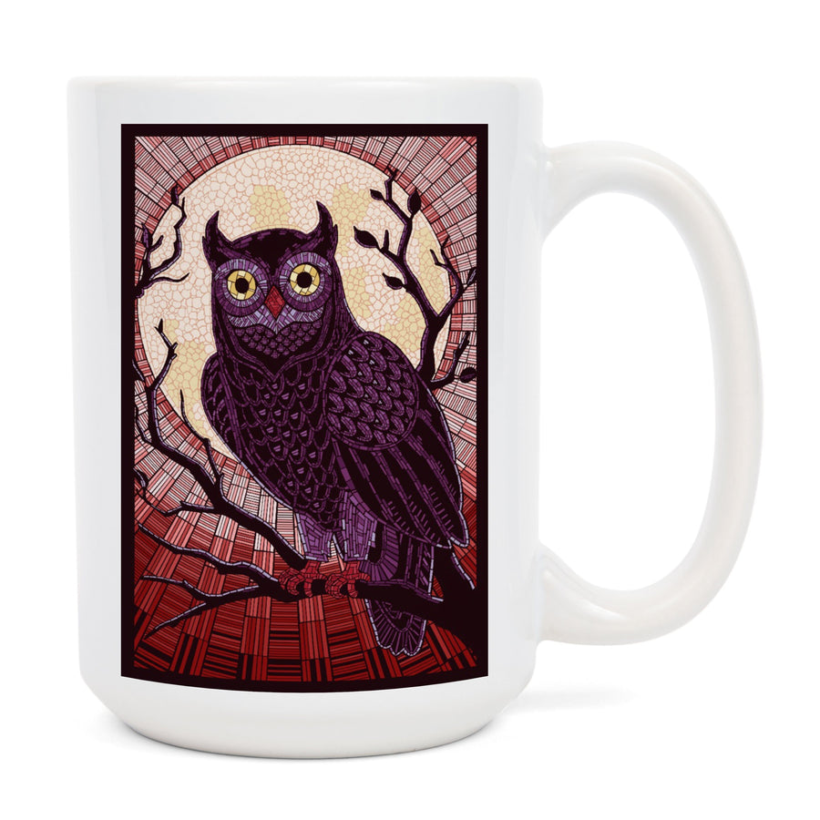 Owl, Paper Mosaic (Red), Lantern Press Poster, Ceramic Mug Mugs Lantern Press 