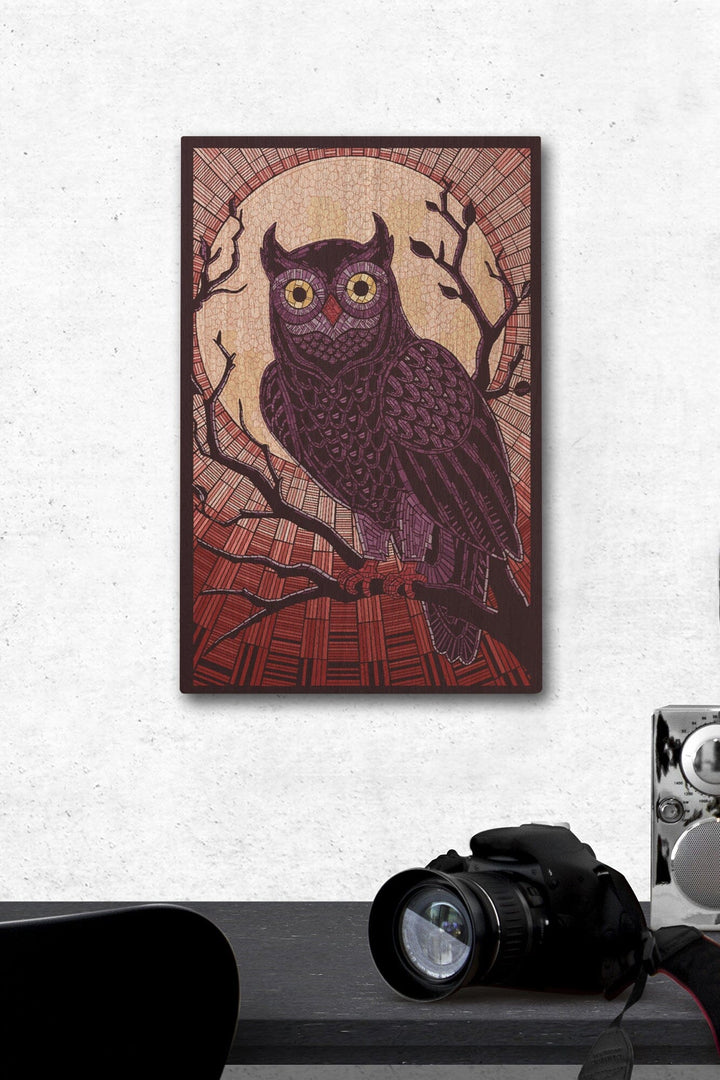 Owl, Paper Mosaic (Red), Lantern Press Poster, Wood Signs and Postcards Wood Lantern Press 12 x 18 Wood Gallery Print 