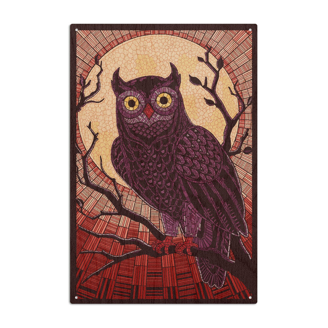 Owl, Paper Mosaic (Red), Lantern Press Poster, Wood Signs and Postcards Wood Lantern Press 6x9 Wood Sign 