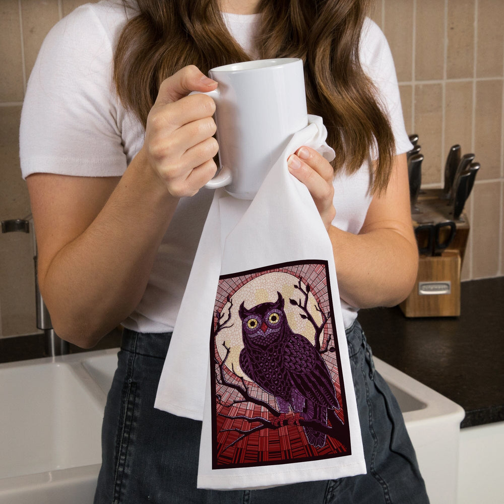 Owl, Paper Mosaic (Red), Organic Cotton Kitchen Tea Towels Kitchen Lantern Press 