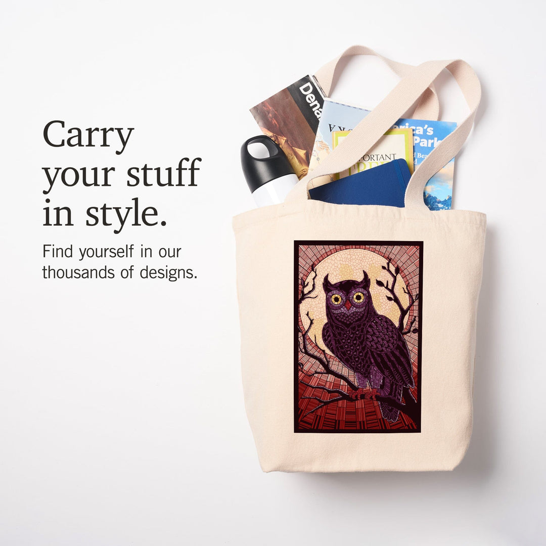 Owl, Paper Mosaic (Red), Tote Bag Totes Lantern Press 