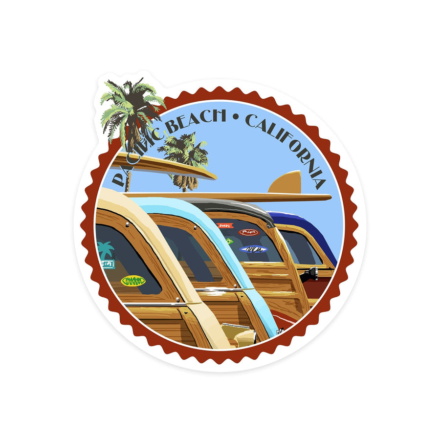 Pacific Beach, California, Woodies Lined Up, Contour, Vinyl Sticker Sticker Lantern Press 