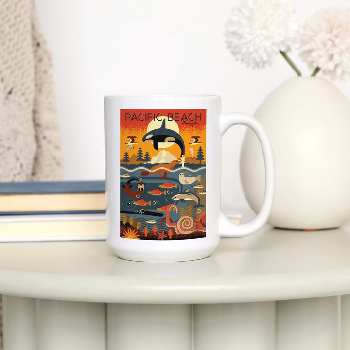 Pacific Beach, Washington, Marine Animals, Geometric, Lantern Press Artwork, Ceramic Mug Mugs Lantern Press 