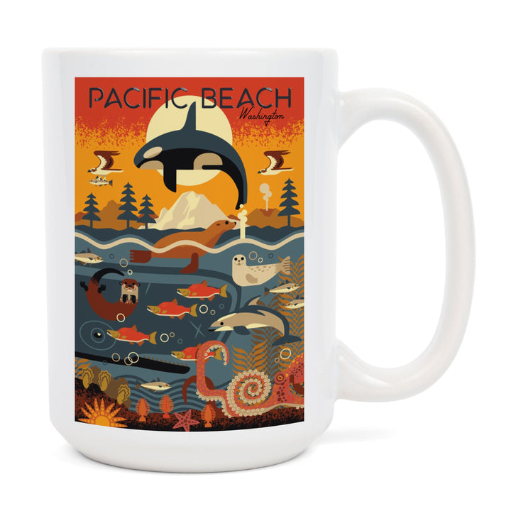 Pacific Beach, Washington, Marine Animals, Geometric, Lantern Press Artwork, Ceramic Mug Mugs Lantern Press 