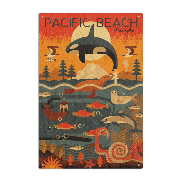 Pacific Beach, Washington, Marine Animals, Geometric, Lantern Press Artwork, Wood Signs and Postcards Wood Lantern Press 10 x 15 Wood Sign 