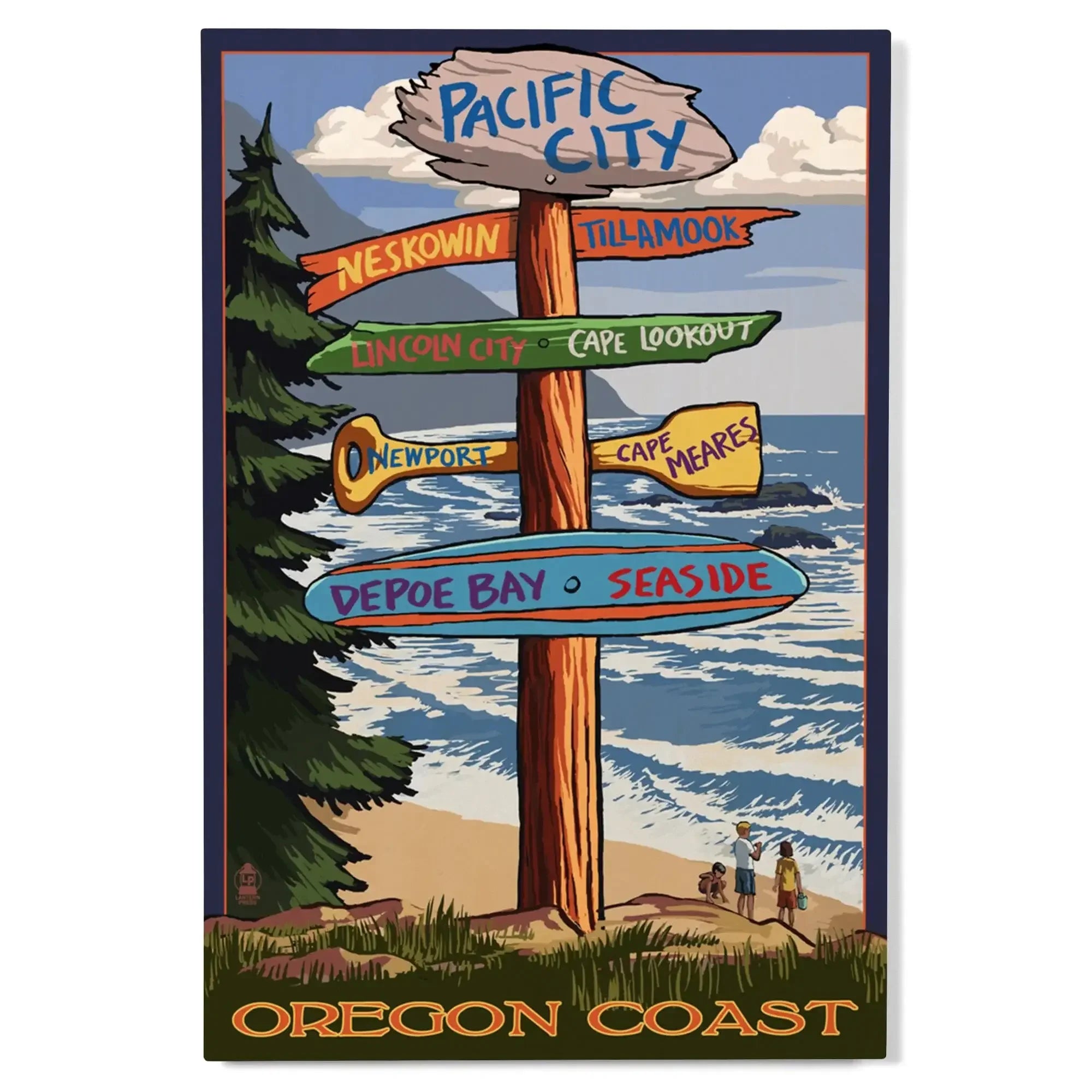 Pacific City, Oregon Destinations Sign, Lantern Press Poster wood