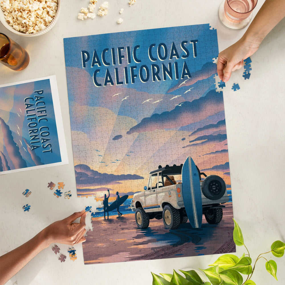 Pacific Coast, California, Lithograph, Surfers on Beach, Jigsaw Puzzle Puzzle Lantern Press 