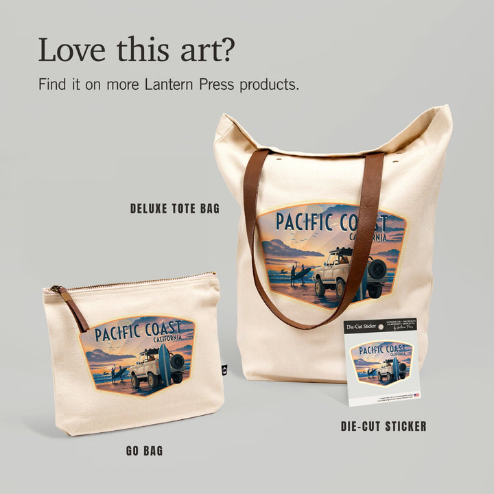 Pacific Coast, California, Lithograph, Surfers on Beach,, Organic Cotton Zipper Pouch, Go Bag Totes Lantern Press 