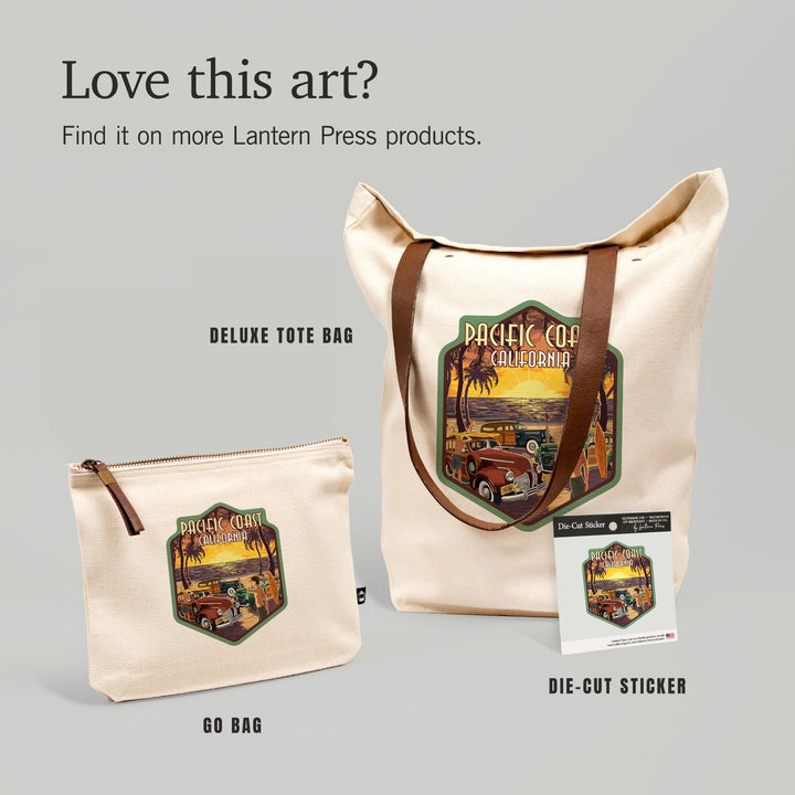 Pacific Coast, California, Woodies on the Beach,, Organic Cotton Zipper Pouch, Go Bag Totes Lantern Press 