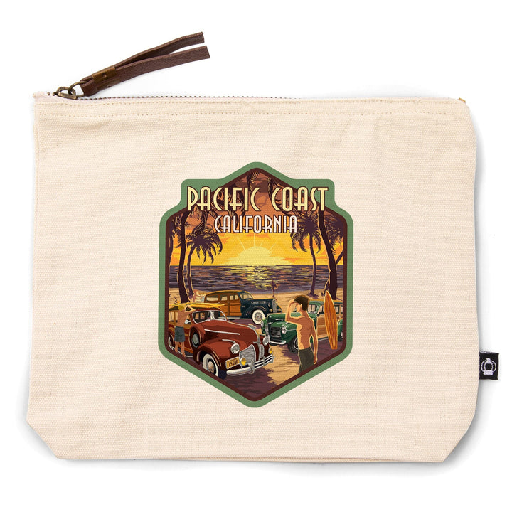 Pacific Coast, California, Woodies on the Beach,, Organic Cotton Zipper Pouch, Go Bag Totes Lantern Press 