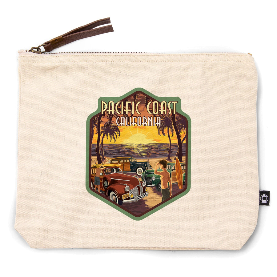Pacific Coast, California, Woodies on the Beach,, Organic Cotton Zipper Pouch, Go Bag Totes Lantern Press 