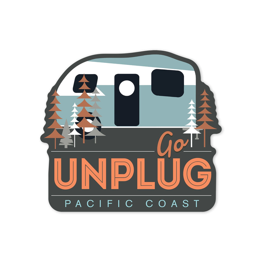 Pacific Coast, Go Unplug, Retro Camper, Vector, Contour, Lantern Press Artwork, Vinyl Sticker Sticker Lantern Press 