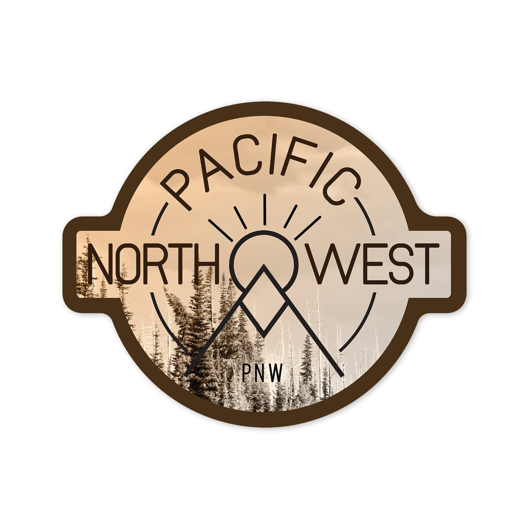 Pacific Northwest, Badge and Forest, Contour, Vinyl Sticker Sticker Lantern Press 