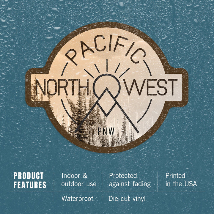 Pacific Northwest, Badge and Forest, Contour, Vinyl Sticker Sticker Lantern Press 