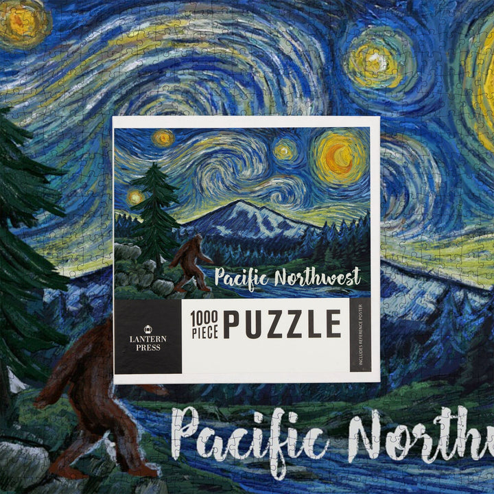 Pacific Northwest, Bigfoot, Starry Night, Jigsaw Puzzle Puzzle Lantern Press 