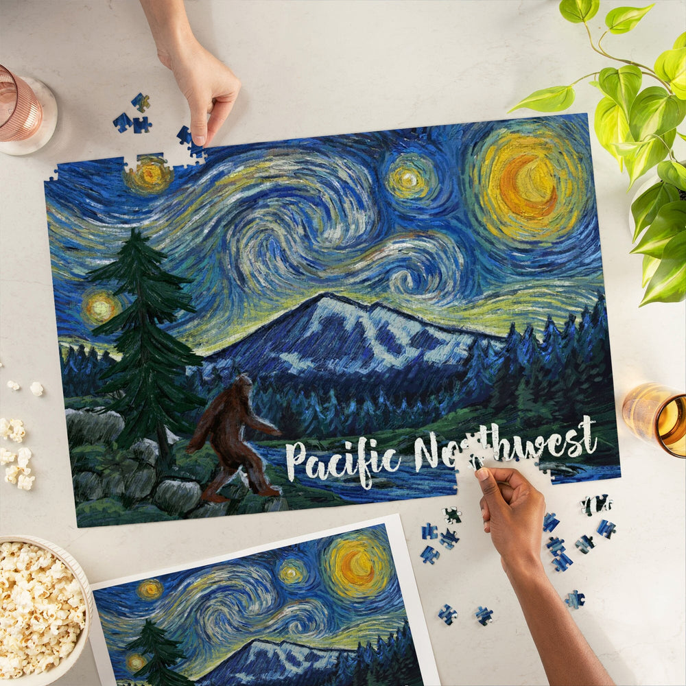 Pacific Northwest, Bigfoot, Starry Night, Jigsaw Puzzle Puzzle Lantern Press 
