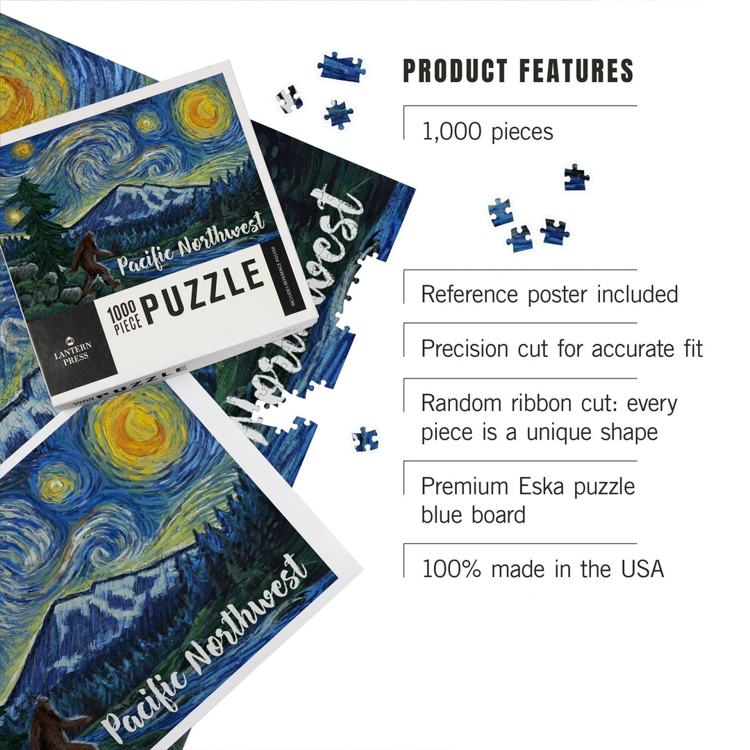 Pacific Northwest, Bigfoot, Starry Night, Jigsaw Puzzle Puzzle Lantern Press 