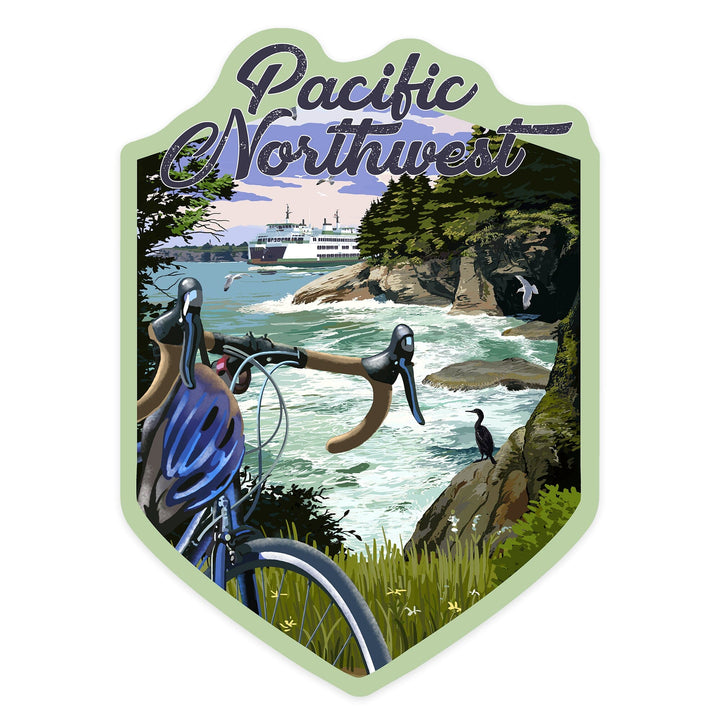 Pacific Northwest, Bike and Ferry, Contour, Vinyl Sticker Sticker Lantern Press 