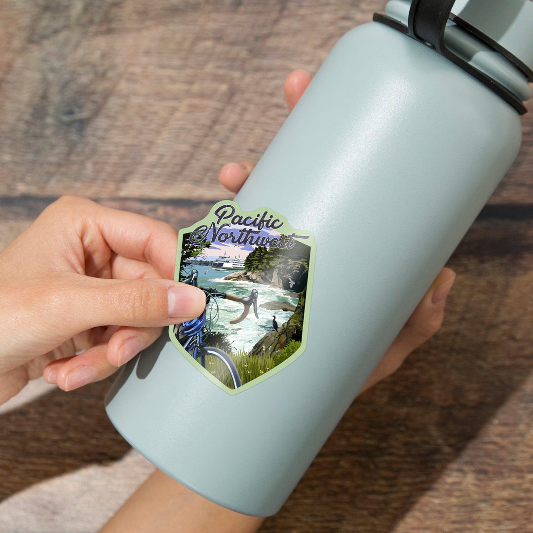 Pacific Northwest, Bike and Ferry, Contour, Vinyl Sticker Sticker Lantern Press 