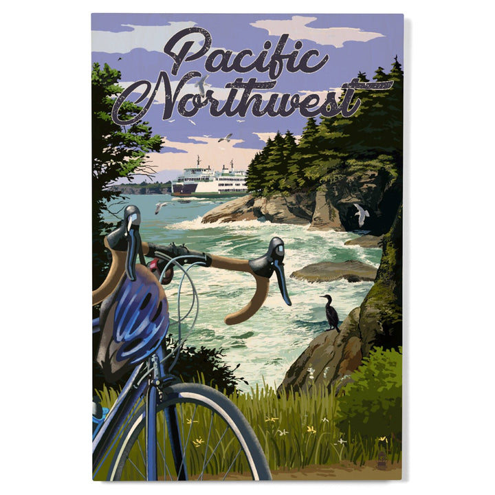 Pacific Northwest, Bike and Ferry, Wood Signs and Postcards Wood Lantern Press 