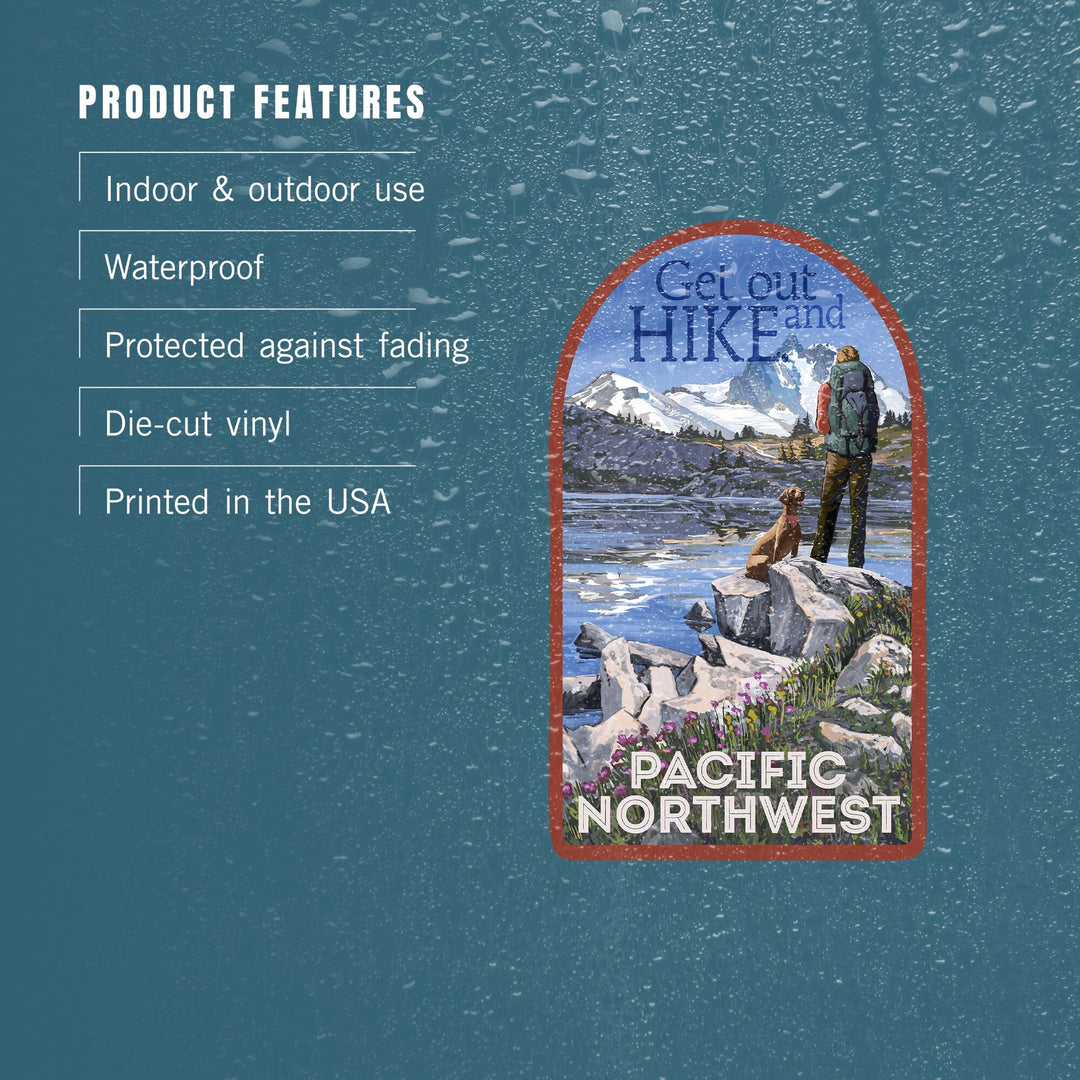 Pacific Northwest & Cascades, Hiker & Lake, Get Out & Hike, Contour, Lantern Press Artwork, Vinyl Sticker Sticker Lantern Press 