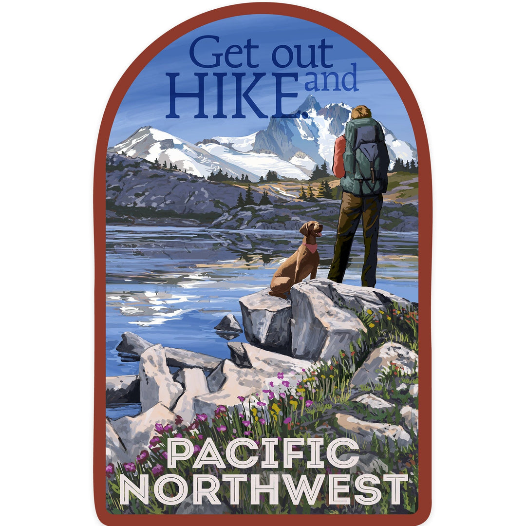 Pacific Northwest & Cascades, Hiker & Lake, Get Out & Hike, Contour, Lantern Press Artwork, Vinyl Sticker Sticker Lantern Press 