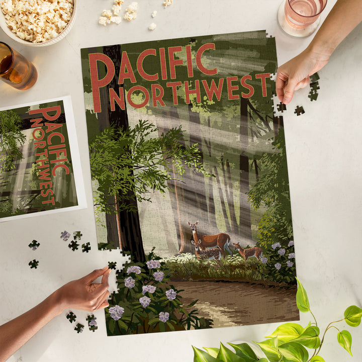 Pacific Northwest, Deer in Forest, Jigsaw Puzzle Puzzle Lantern Press 