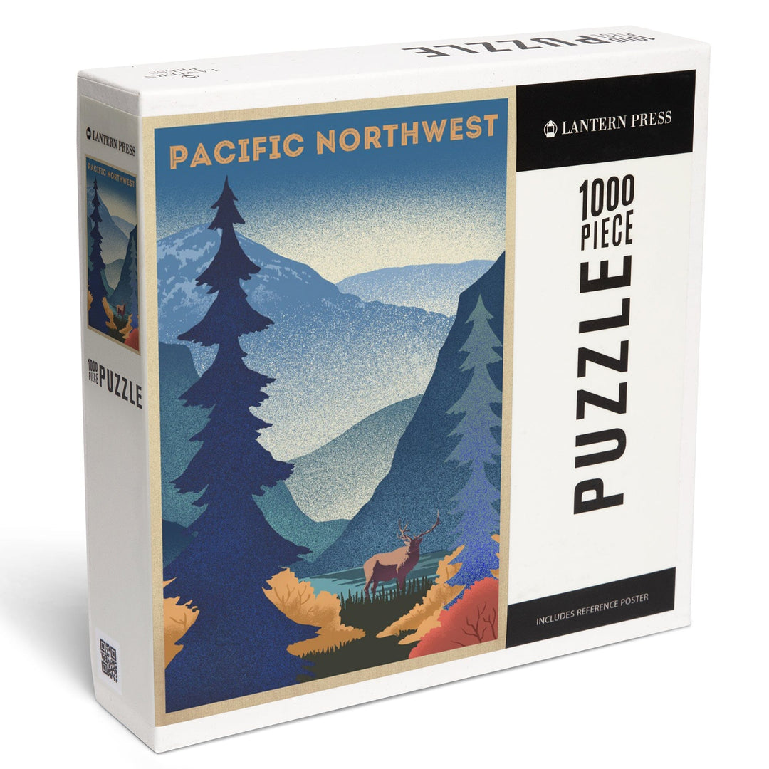 Pacific Northwest, Elk and Mountain Scene, Lithograph, Jigsaw Puzzle Puzzle Lantern Press 