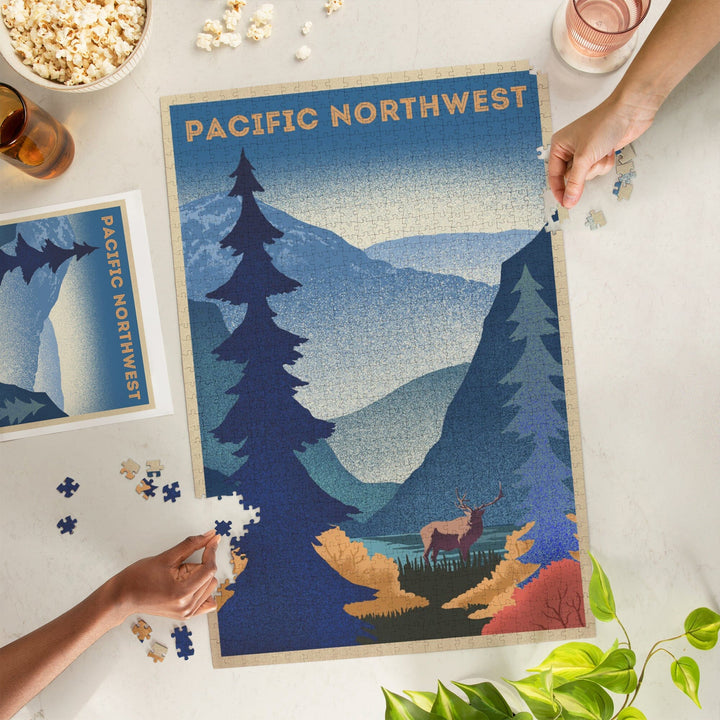 Pacific Northwest, Elk and Mountain Scene, Lithograph, Jigsaw Puzzle Puzzle Lantern Press 