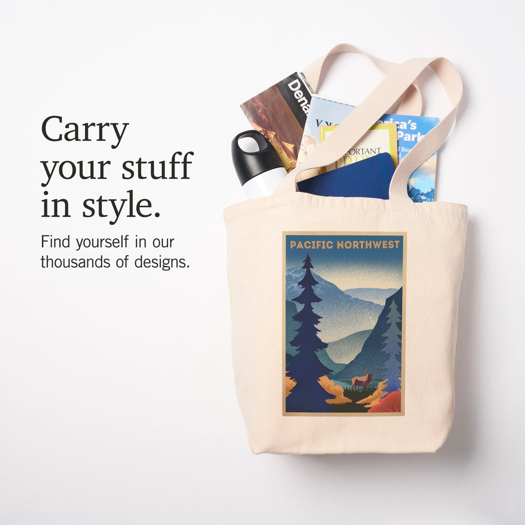 Pacific Northwest, Elk and Mountain Scene, Lithograph, Tote Bag Totes Lantern Press 